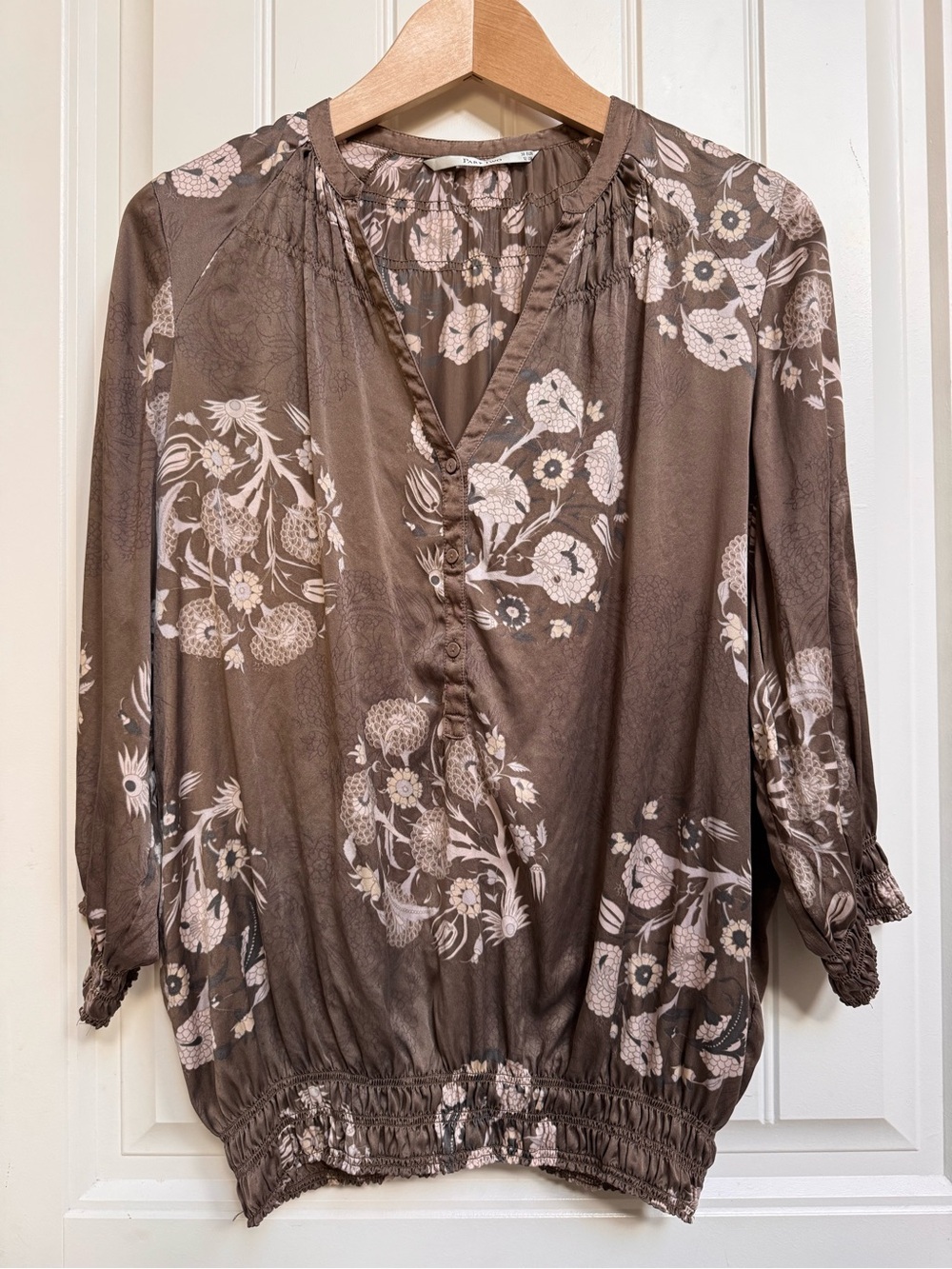 Part Two Brown & Beige Floral Silk Peasant Blouse. Size UK 12/US 8